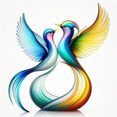 Obraz premium A stunning blown glass sculpture of a playful, couple bird with seamlessly blended rainbow colors, white background