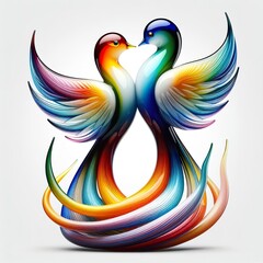 Obraz premium A stunning blown glass sculpture of a playful, couple bird with seamlessly blended rainbow colors, white background
