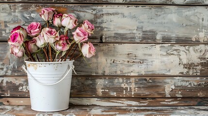 Dried pink roses in white bucket on rustic wooden background