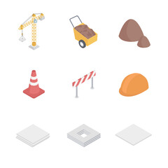 Colorful isometric construction icons set with various materials isolated on white background vector illustration. Foundation, cone, construction crane, helmet, fence, cart.