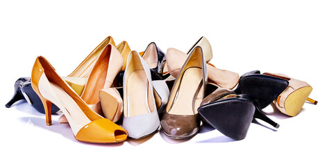 Fashion, shop or woman shoe collection in studio for choice, pick or work with mock up space. High...