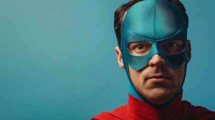 A man wearing a blue mask and a red cape