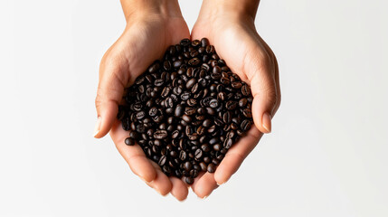 Human hand holds black coffee beans
