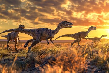 A pack of Velociraptors coordinating a hunt in an open savannah at dawn