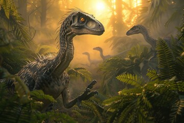 A photo of a pack of Velociraptors, their sleek, feathered bodies tense as they stalk through a...