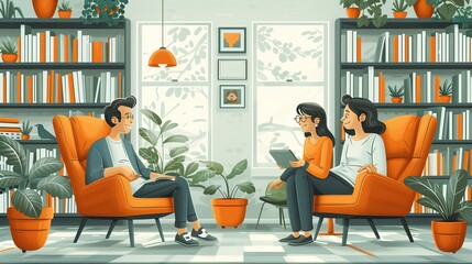 Fototapeta premium A family sits and chats happily inside a house decorated with furniture and technology.