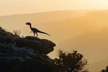 A solitary Velociraptor standing atop a rocky outcrop, surveying its territory at dawn. The early morning mist rolls over the landscape, creating a mystical atmosphere