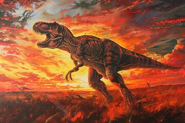 A vibrant scene of a T-Rex hunting, its massive body in motion, against the backdrop of a fiery sunset on a Cretaceous plain