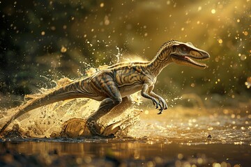 A Velociraptor running at full speed across a muddy riverbank, water splashing under its feet