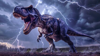 Fototapeta premium A vivid capture of a Tyrannosaurus Rex roaring in a thunderstorm, its massive form silhouetted against lightning-streaked skies, towering over a rugged, prehistoric landscape