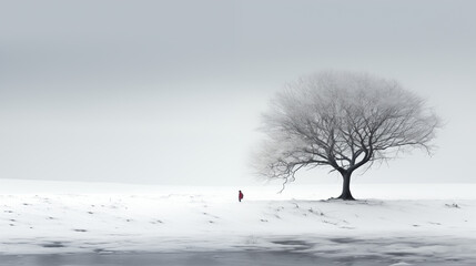 Minimalism landscape in winter. Trees and silhouette of a person.