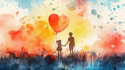 The painting has a warm and loving mood, with the heart balloon symbolizing love