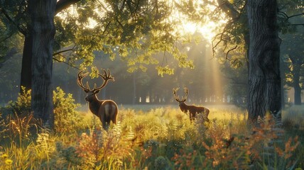 A wild brown deer or roe deer in a forest in sunset 