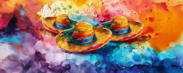 Three colorful hats are sitting on a table