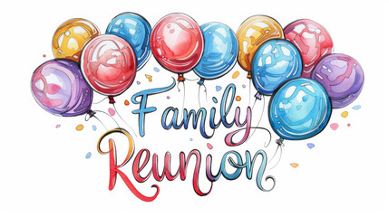 Family reunion illustration with written family reunion and festive background isolated on white backdrop