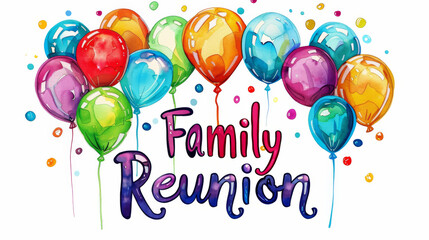 Family reunion illustration with written family reunion and festive background isolated on white backdrop