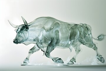 A bull statue made of glass is shown in a white background. The bull statue is made of clear glass and has a shiny, reflective surface. The bull statue appears to be running