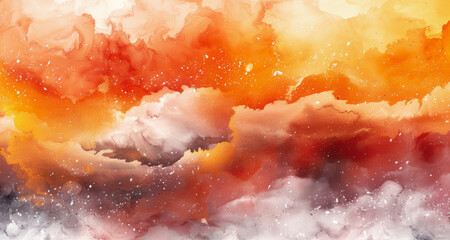 A painting of orange and white clouds with a splash of red