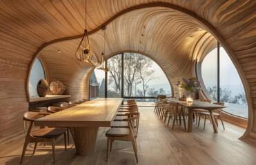 Naklejka premium A dining room with curved wood arches, featuring an elegant table and chairs in the center of the space. The walls feature lightcolored wooden panels, creating a warm atmosphere