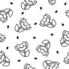 Kawaii flower cat. Seamless pattern. Coloring Page. Cute pet animal cartoon character. Hand drawn style. Vector drawing. Design ornaments.