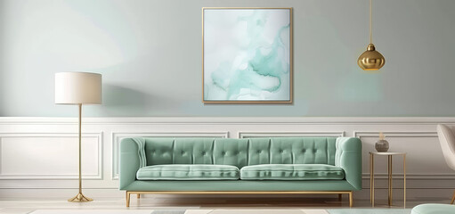 A green sofa and gold floor lamps in front of the wall, a light gray marble background with a white wooden floor. The living room is decorated in an abstract style with soft colors