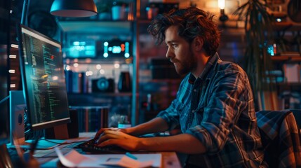 A man sits in front of a computer monitor coding complex data in a modern loft workspace
