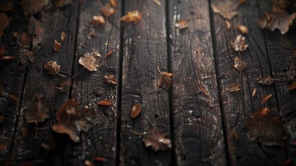 Experience the rich textures of a dark wood surface adorned with scattered leaves, captured from a top-down perspective 