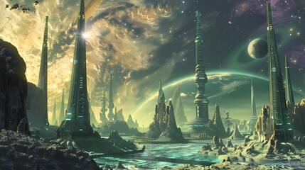 Futuristic Alien Metropolis A Dazzling Daytime Extraterrestrial Urban Landscape with Bright Lighting Flare and a Clear Stellar Sky adorned by a Generative ai