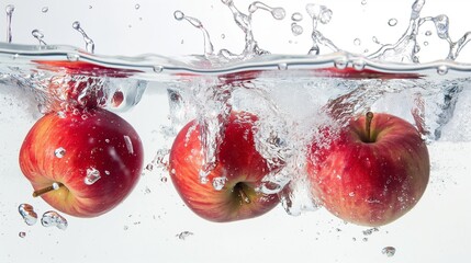 Ripe red apples plunging into crystal-clear water, sending up explosive splashes that glisten in the sunlight against a pristine white backdrop.