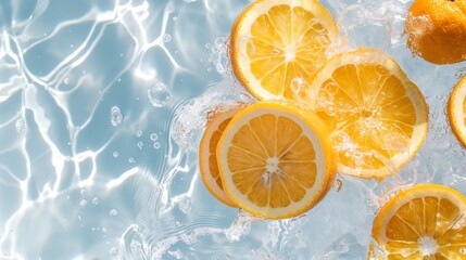 Slices of tangy oranges dropped into a clear pool, their vibrant citrus hues mingling with the shimmering water as they create vibrant splashes against a clean white surface.