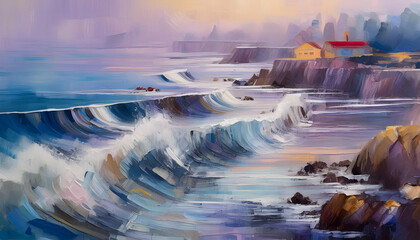 Aerial view early morning light with ocean waves flowing over rocks around North on digital art concept, Generative AI.
