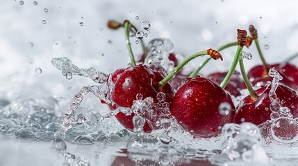Sweet cherries tossed into a pool of water, their deep red hues creating dramatic splashes that dance and twirl against a pristine white surface.