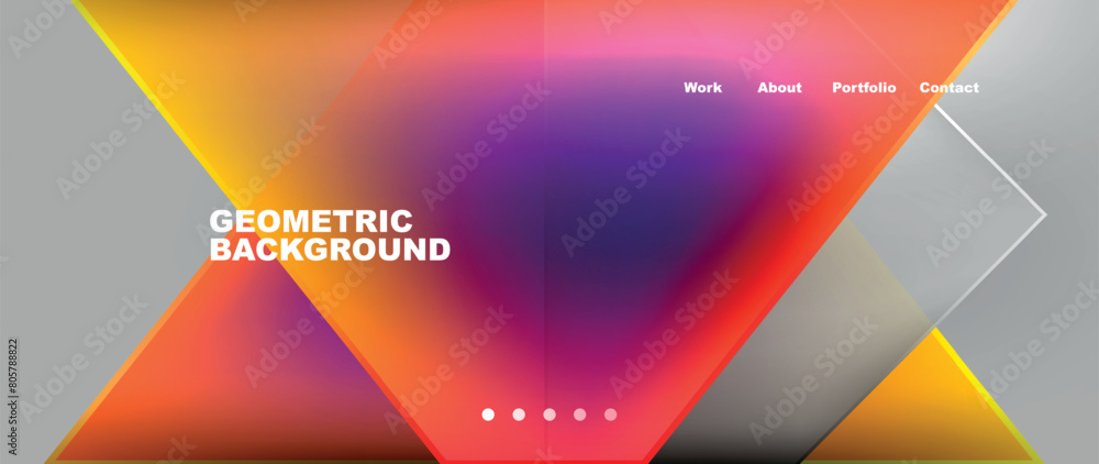 Poster create an atmosphere with a geometric background featuring colorful triangles in shades of orange, a