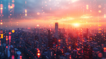 Fototapeta premium Dawn breaks over a silicon city, buildings with light strips and digital weather forecasts on surfaces, future of urban life