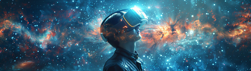 Futuristic VR helmet connected to a virtual galaxy, stars swirling around, ethereal lights, a sense of deep space exploration