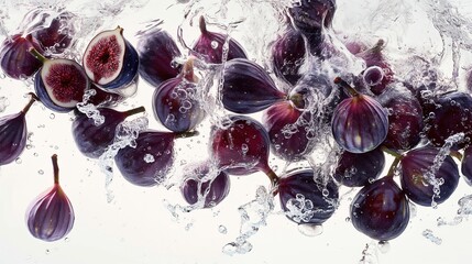 Sweet figs cascading into a pool of water, their rich purple hues creating dramatic splashes that dance and twirl against a pristine white surface.