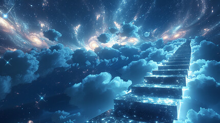 Hovering platforms in the sky, with starpatterned pathways, glowing dreamily against a cosmic backdrop