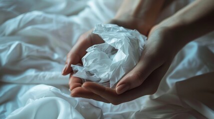 A close-up of hands holding a crumpled tissue. a symbolic representation of anxiety