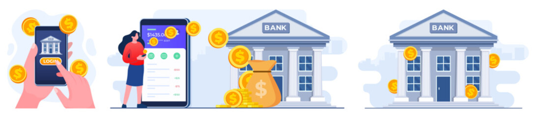 Set of modern flat illustrations of  Online mobile banking and mobile payment, Digital banking, internet money, Savings and finance
