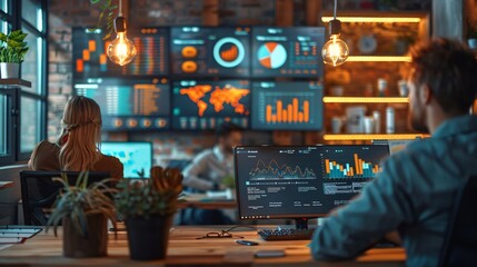 A man and a woman are seated at a table, engaged in work on a computer