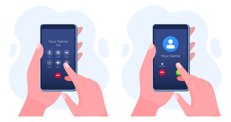 Set of modern flat illustrations call screen interfaces, Mobile phone mockup, Communication, Incoming call, Ongoing call