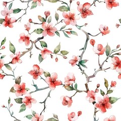 watercolor cherry blossom floral seamless pattern white background.