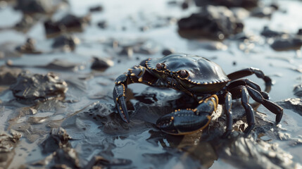 A crab covered in oil and oil waste strolls along a muddy beach. The concept of pollution of natural seawater as a result of an oil spill