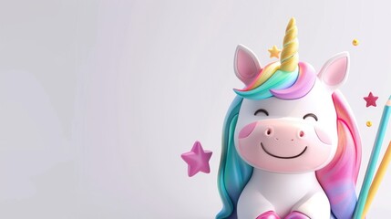 cute rendered unicorn smiling with rainbow mane holding pencil white background AI generated