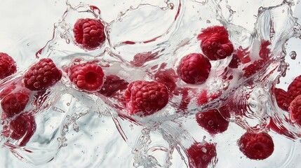 Tart raspberries dropped into a pool of water, their crimson hues bursting forth in a flurry of splashes that dance and twirl against a pristine white surface.