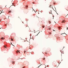 watercolor cherry blossom floral seamless pattern white background.