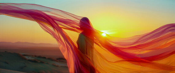 A woman is standing in front of a sunset, with a long red scarf draped over her