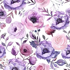 purple and pink roses watercolor floral pattern on a white background .
