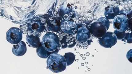 Plump blueberries tossed into a pool of water, their deep indigo hues contrasting strikingly with the liquid as they create delicate splashes against a bright white background.
