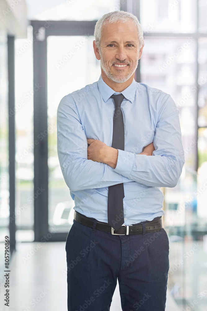 Wall mural Mature, businessman and portrait of financial advisor in office with confidence as leader of investment company, Professional, entrepreneur and accounting expert in England for asset management